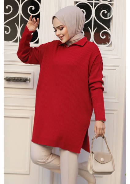 Fitilli Kırmızı Tesettür Triko Tunik 65903K
