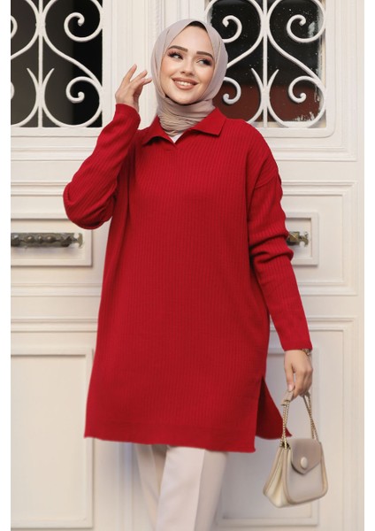 Fitilli Kırmızı Tesettür Triko Tunik 65903K fiyatları