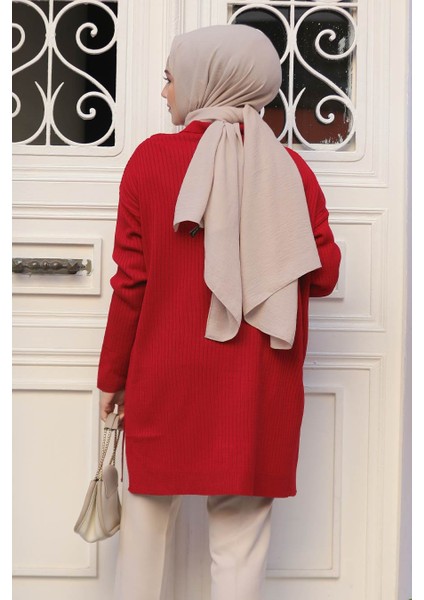 Fitilli Kırmızı Tesettür Triko Tunik 65903K modelleri