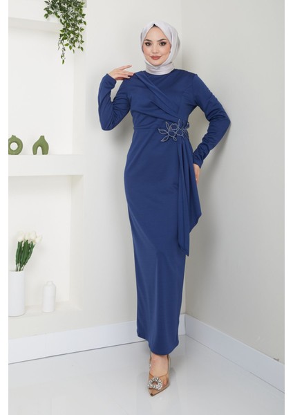 Kadın Giyim Abiye Moda Kemeri Taşlı Asimetrik Abiye Kalem Tesettür Elbise 2580