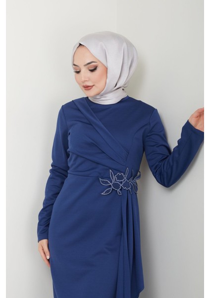Kadın Giyim Abiye Moda Kemeri Taşlı Asimetrik Abiye Kalem Tesettür Elbise 2580 modelleri