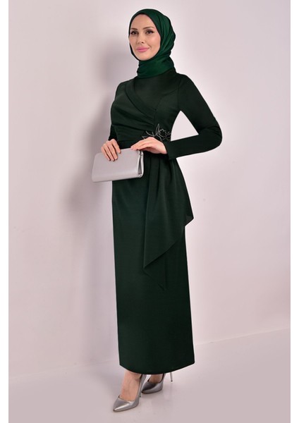 Kadın Giyim Abiye Moda Kemeri Taşlı Asimetrik Abiye Kalem Tesettür Elbise 2580