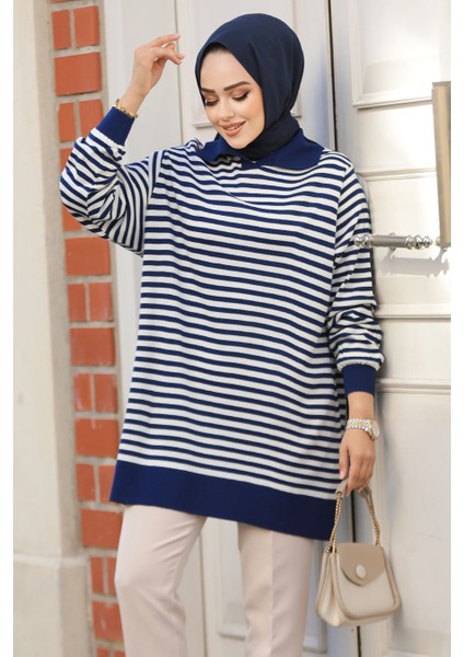Çizgili Lacivert Tesettür Triko Tunik 65904L
