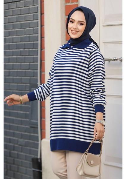 Çizgili Lacivert Tesettür Triko Tunik 65904L fiyatları