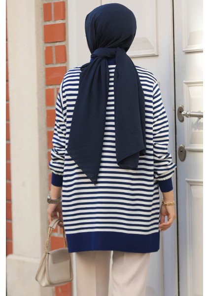 Çizgili Lacivert Tesettür Triko Tunik 65904L modelleri