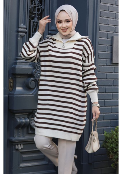 Çizgili Krem Tesettür Triko Tunik 65902KR fiyatları