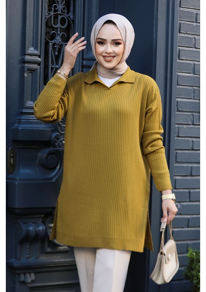 Fitilli Yağ Yeşili Tesettür Triko Tunik 65903YY fiyatları