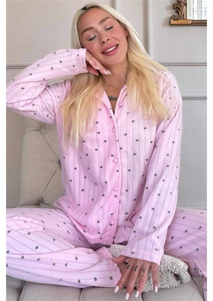 Açık Pembe Kalp Desenli Önden Düğmeli Peluş Polar Pijama Takımı