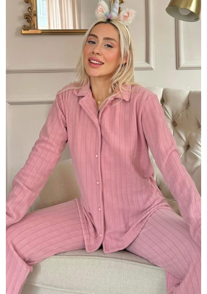 Pembe Düz Önden Düğmeli Peluş Polar Pijama Takımı