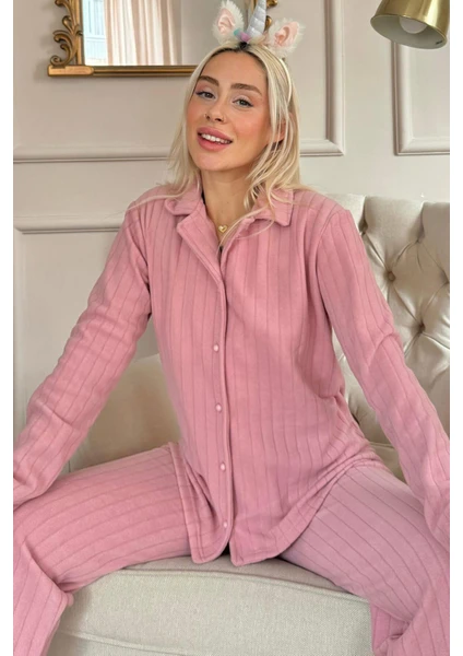 Pijama Evi Pembe Düz Önden Düğmeli Peluş Polar Pijama Takımı