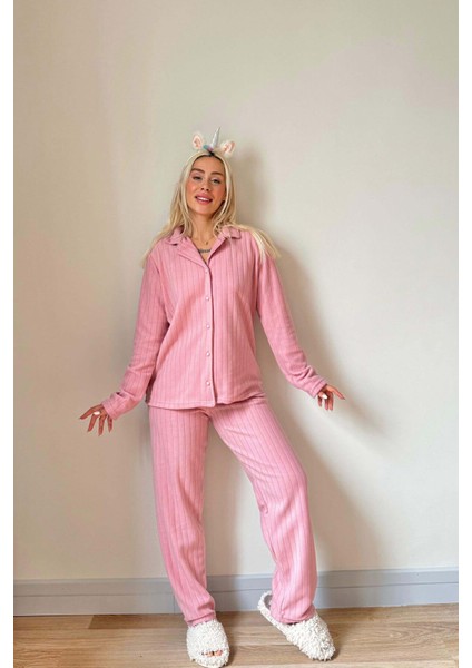 Pembe Düz Önden Düğmeli Peluş Polar Pijama Takımı