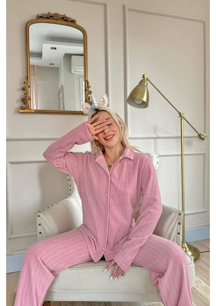 Pembe Düz Önden Düğmeli Peluş Polar Pijama Takımı