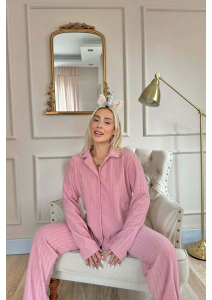 Pembe Düz Önden Düğmeli Peluş Polar Pijama Takımı