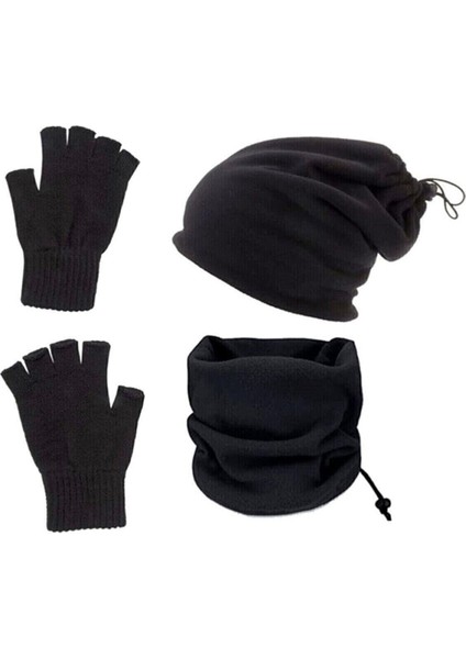 3 Lü Set Termal Polar Boyunluk Bere ve Örgü Kesik Eldiven Siyah