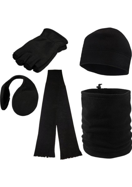 Unisex Siyah Kışlık Polar Parmaksız Eldiven - Polar Bere - Polar Boyunluk - Kulaklık - Atkı 5li Set indirimleri