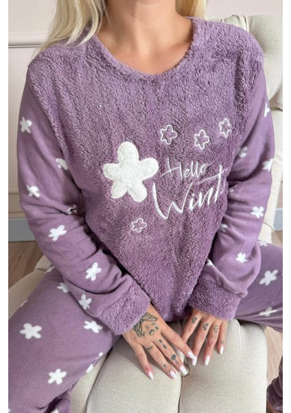 Hello Winter Desenli Kadın Peluş Pijama Takımı