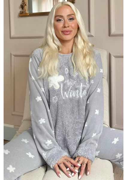 Gri Hello Winter Desenli Kadın Peluş Pijama Takımı
