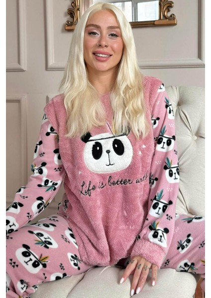 Life Panda Desenli Kadın Peluş Pijama Takımı