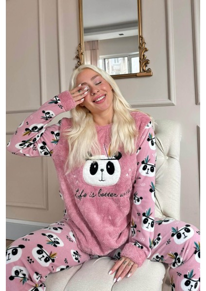 Life Panda Desenli Kadın Peluş Pijama Takımı