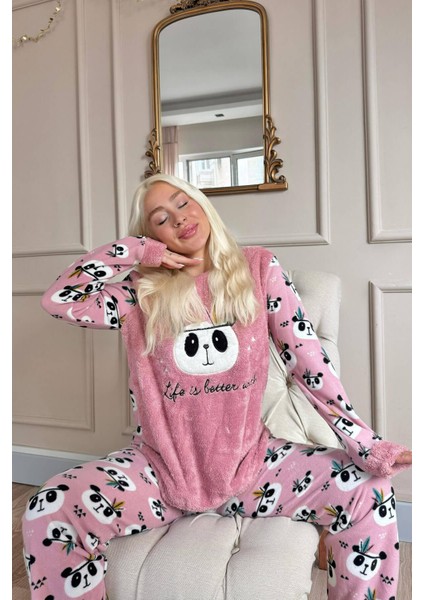 Life Panda Desenli Kadın Peluş Pijama Takımı