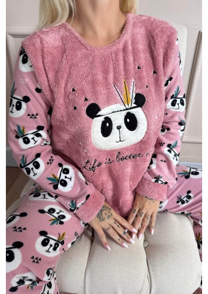 Life Panda Desenli Kadın Peluş Pijama Takımı