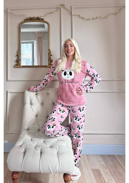 Life Panda Desenli Kadın Peluş Pijama Takımı