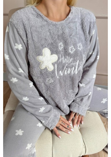 Gri Hello Winter Desenli Kadın Peluş Pijama Takımı