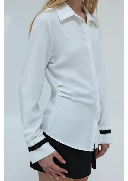 Kadın Ekru Büzgü Detaylı Crep Gömlek fırsatları