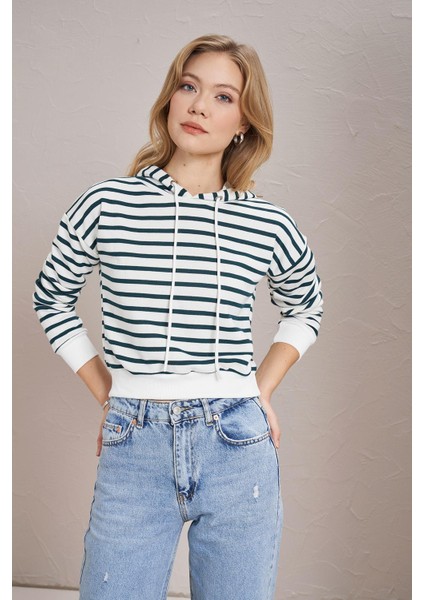 Kadın Nefti Çzigili Üç Iplik Şardonsuz Kapüşonlu Crop Sweatshirt