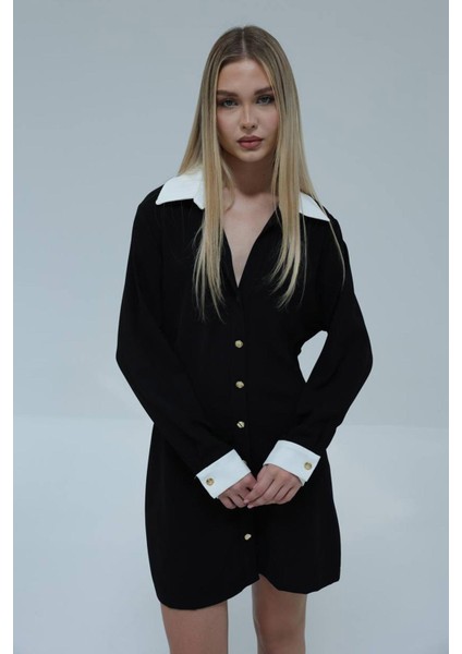 Kadın Siyah Gömlek Yaka Önü Düğmeli Mini Boy Elbise