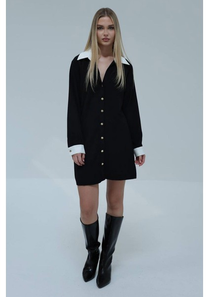 Kadın Siyah Gömlek Yaka Önü Düğmeli Mini Boy Elbise fiyatları