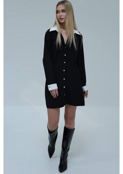 Kadın Siyah Gömlek Yaka Önü Düğmeli Mini Boy Elbise modelleri