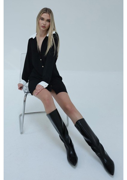 Kadın Siyah Gömlek Yaka Önü Düğmeli Mini Boy Elbise indirimleri