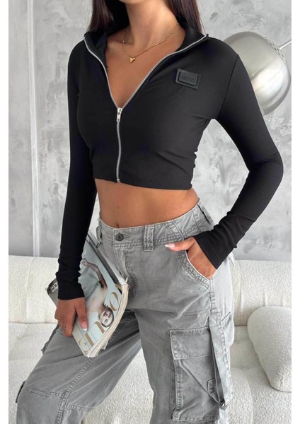 Kadın Siyah Fashion Armalı Fermuarlı Crop Bluz