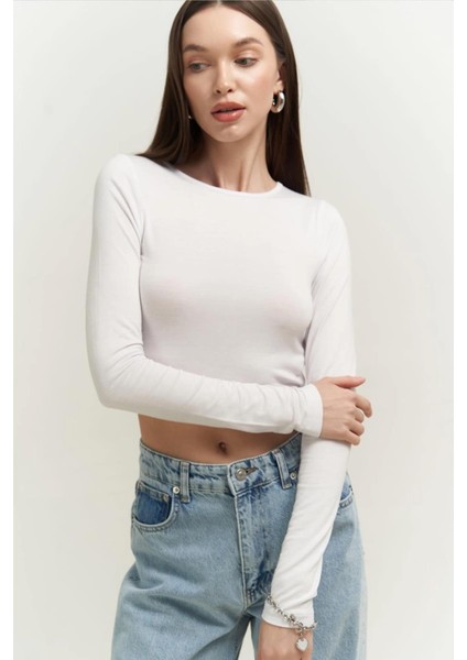 Kadın Ekru Uzun Kollu Bisiklet Yaka Crop Bluz