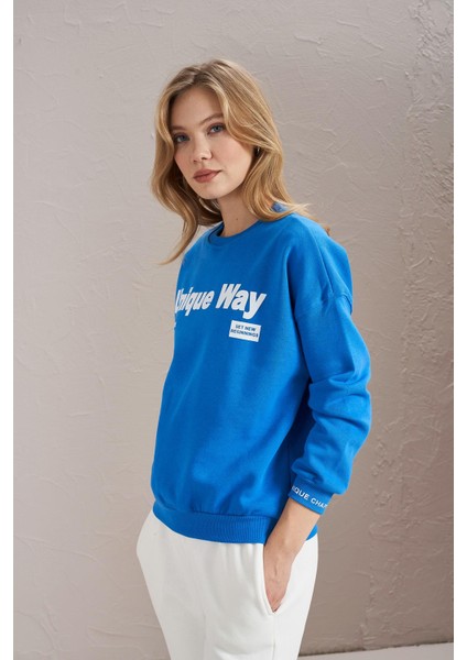 Kadın Mavi Bisiklet Yaka Unique Way Baskılı Üç Iplik Sweatshirt