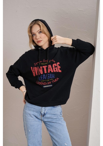 Kadın Siyah Wintage Baskılı Cepsiz Kapüşonlu Sweatshirt