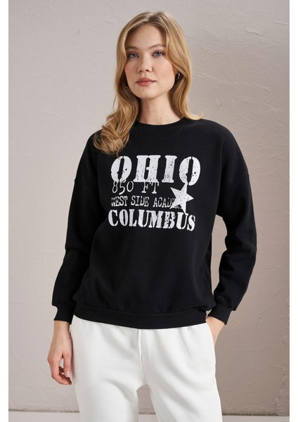 Kadın Siyah Bisiklet Yaka Ohio Baskılı Üç Iplik Sweatshirt