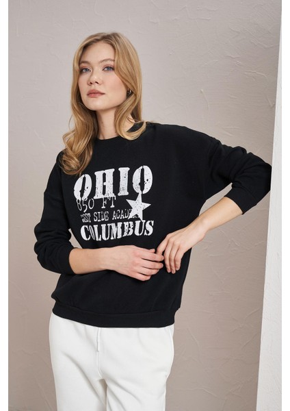 Kadın Siyah Bisiklet Yaka Ohio Baskılı Üç Iplik Sweatshirt