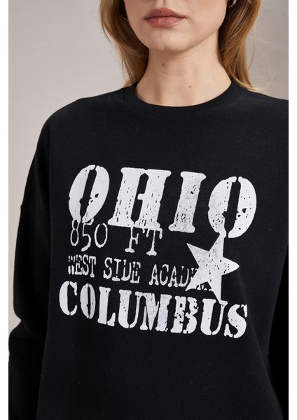 Kadın Siyah Bisiklet Yaka Ohio Baskılı Üç Iplik Sweatshirt