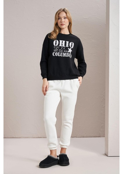 Kadın Siyah Bisiklet Yaka Ohio Baskılı Üç Iplik Sweatshirt