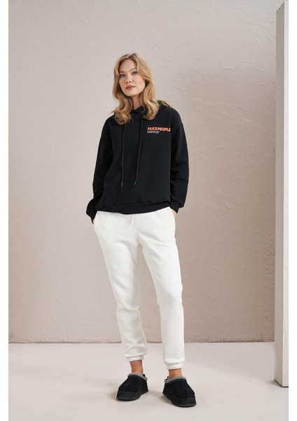 Kadın Siyah Fake People Baskılı Kanguru Cepli Üç Iplik Sweatshirt