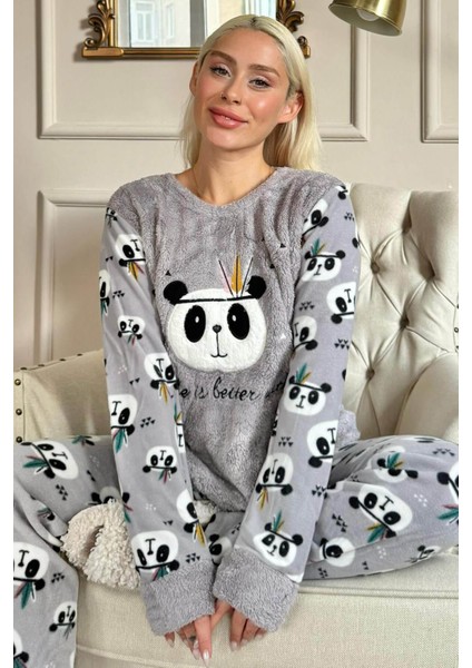 Life Panda Desenli Kadın Peluş Pijama Takımı