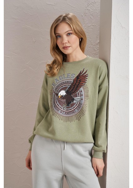 Kadın Olive Bisiklet Yaka Eagles Baskılı Üç Iplik Basic Sweatshirt