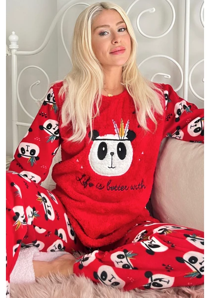 Pijama Evi Life Panda Desenli Kadın Peluş Pijama Takımı