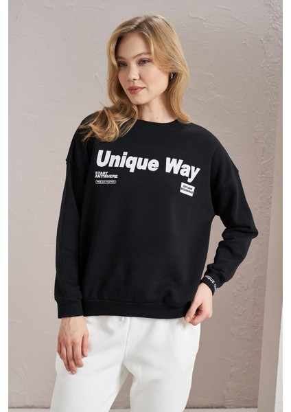 Kadın Siyah Bisiklet Yaka Unique Way Baskılı Üç Iplik Sweatshirt