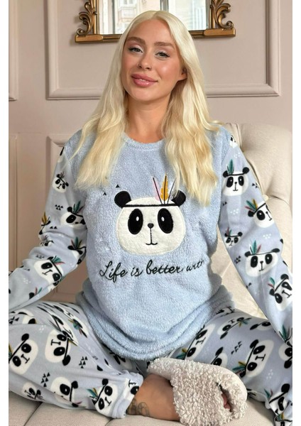 Life Panda Desenli Kadın Peluş Pijama Takımı