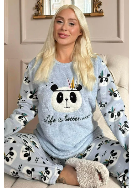 Pijama Evi Life Panda Desenli Kadın Peluş Pijama Takımı