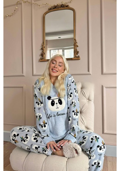 Life Panda Desenli Kadın Peluş Pijama Takımı