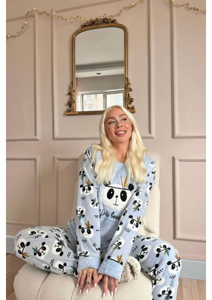 Life Panda Desenli Kadın Peluş Pijama Takımı